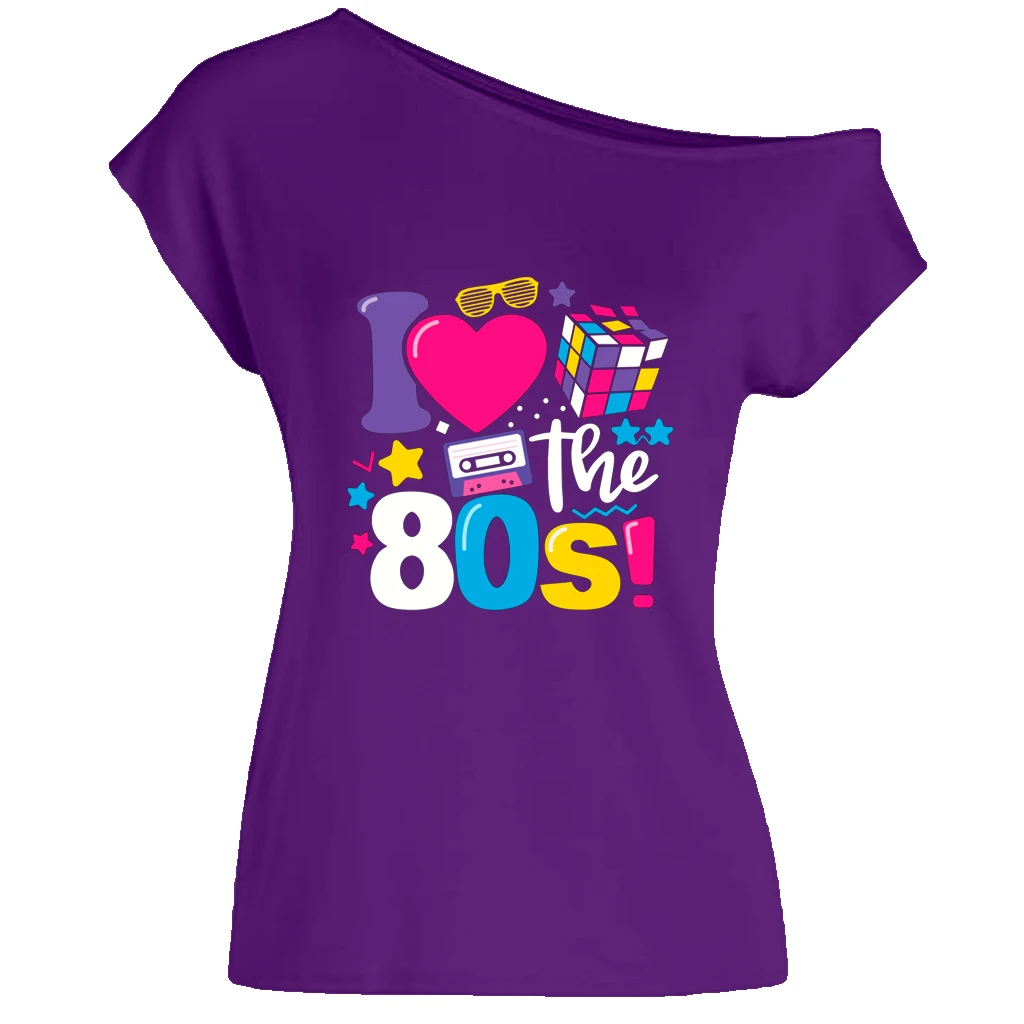 XUANSHOW 2024 Summer I Love the 80s Emotional Element T-shirt Sexy Off Shoulder Tops Short Sleeve Letters Printed Tee Shirt