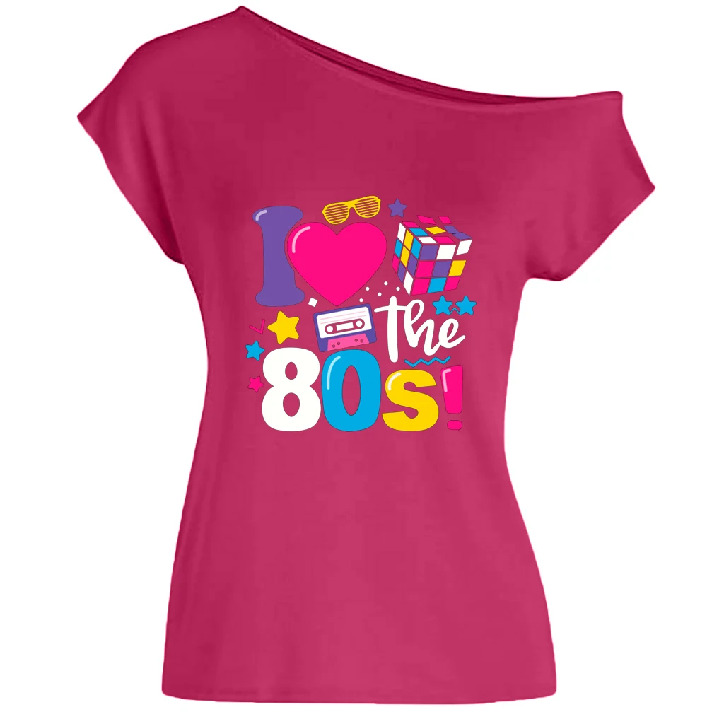 XUANSHOW 2024 Summer I Love the 80s Emotional Element T-shirt Sexy Off Shoulder Tops Short Sleeve Letters Printed Tee Shirt