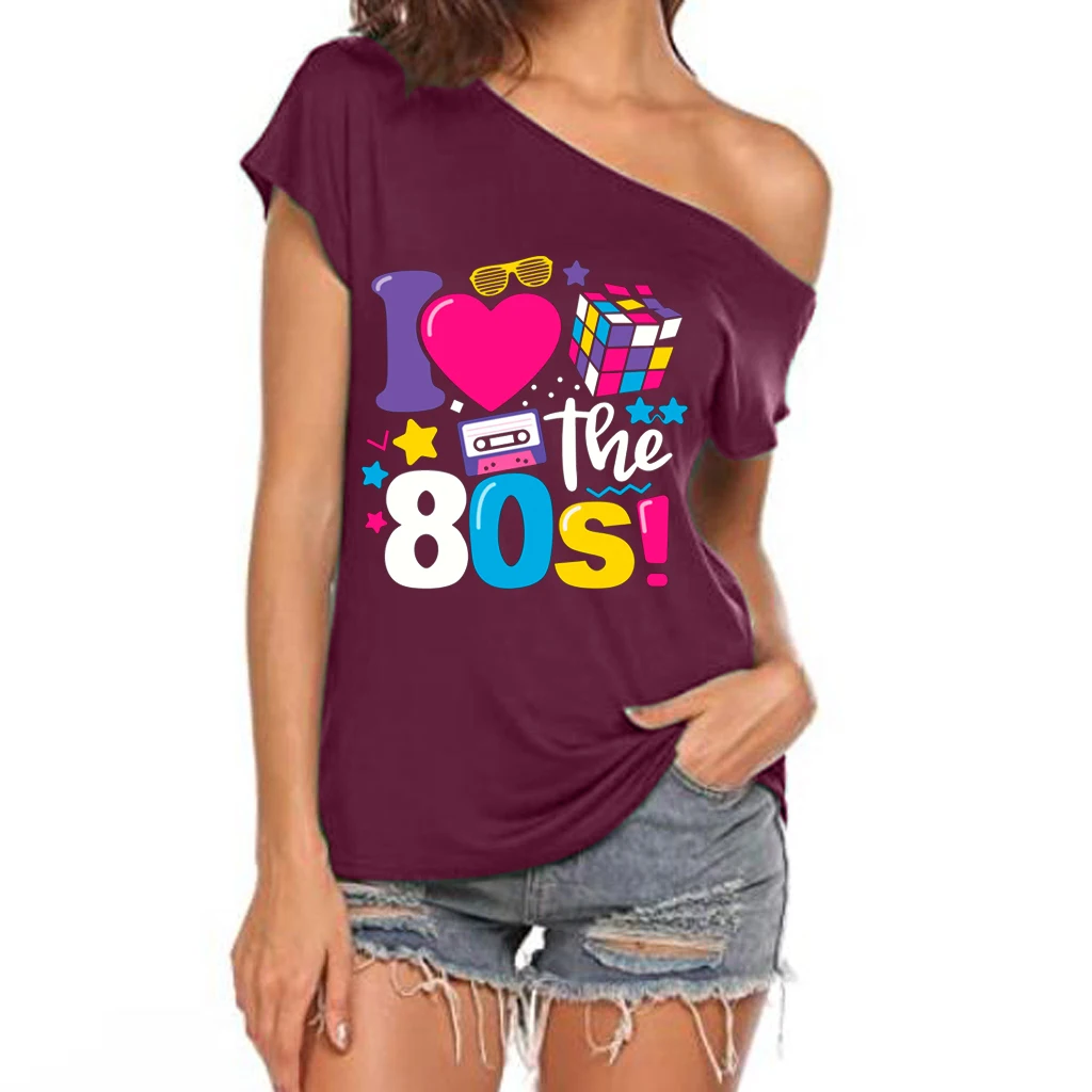 XUANSHOW 2024 Summer I Love the 80s Emotional Element T-shirt Sexy Off Shoulder Tops Short Sleeve Letters Printed Tee Shirt