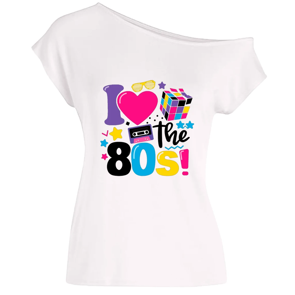 XUANSHOW 2024 Summer I Love the 80s Emotional Element T-shirt Sexy Off Shoulder Tops Short Sleeve Letters Printed Tee Shirt