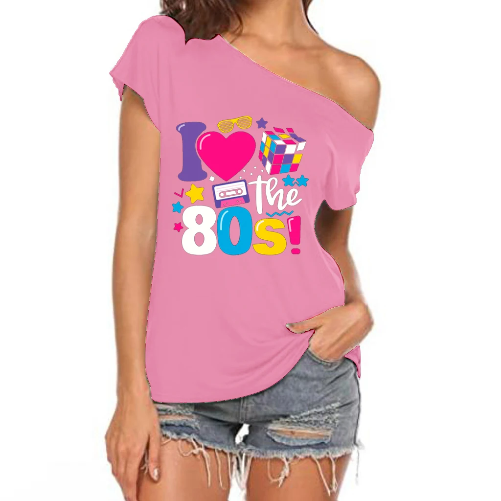XUANSHOW 2024 Summer I Love the 80s Emotional Element T-shirt Sexy Off Shoulder Tops Short Sleeve Letters Printed Tee Shirt