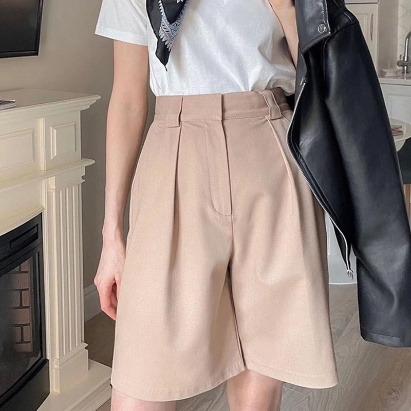Women's Summer Shorts 2025 Long with High Waist Female Loose White Classic Knee-Length Office Wide Women's Shorts Black Candy