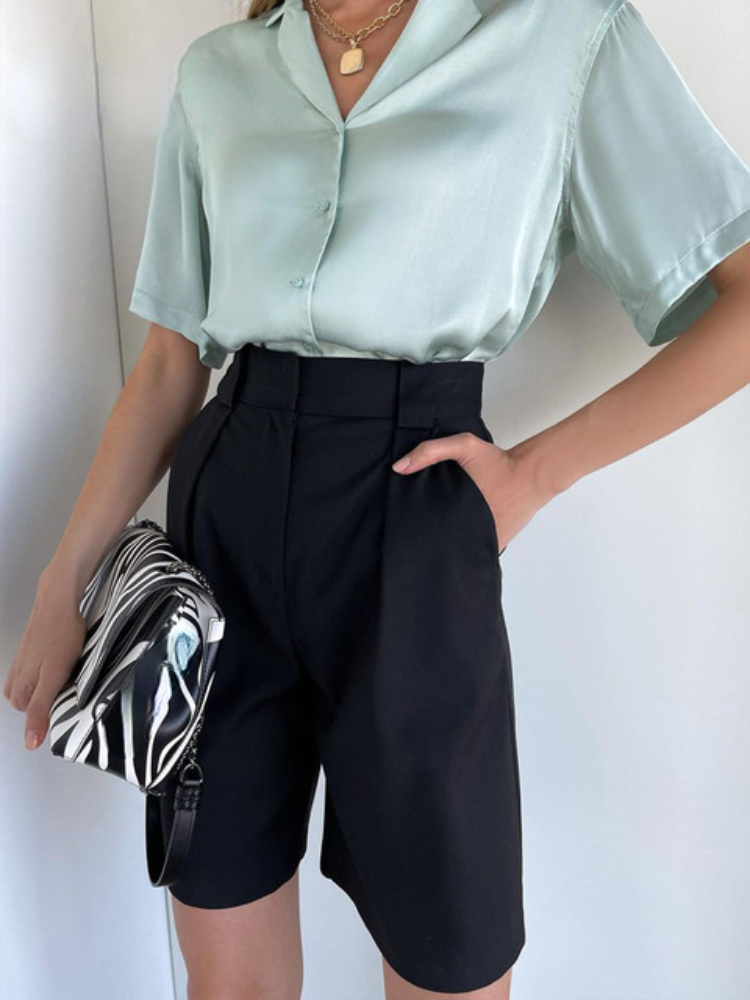 Women's Summer Shorts 2025 Long with High Waist Female Loose White Classic Knee-Length Office Wide Women's Shorts Black Candy