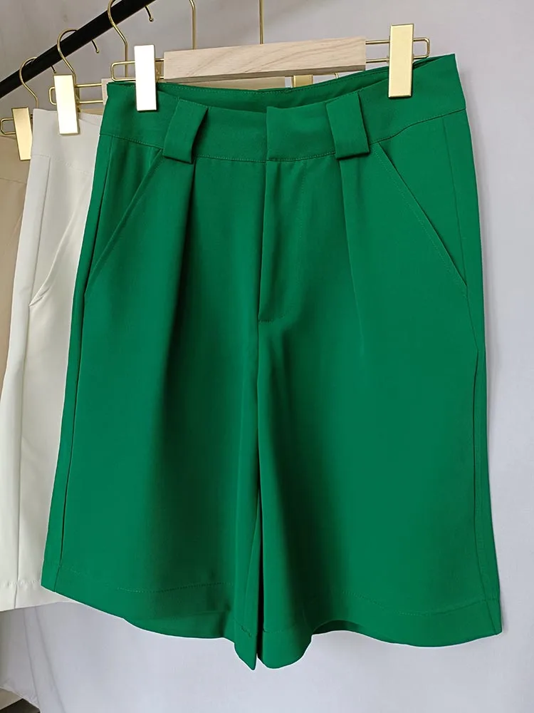 Women's Summer Shorts 2025 Long with High Waist Female Loose White Classic Knee-Length Office Wide Women's Shorts Black Candy