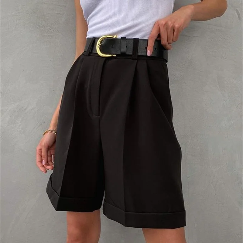 Women's Summer Shorts 2025 Long with High Waist Female Loose White Classic Knee-Length Office Wide Women's Shorts Black Candy