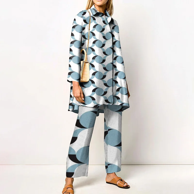Ladies Streetwear Loose Straight Matching Set Women Elastic Waist Office Pants Suit Vintage Print Turn Down Collar Two Piece Set