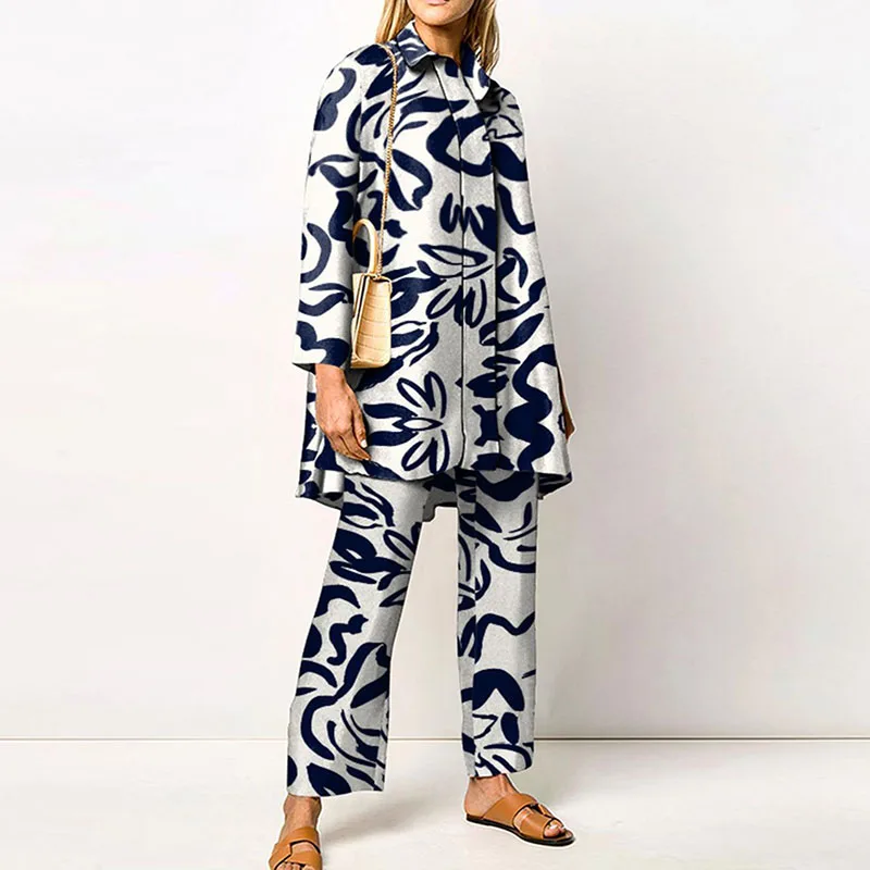 Ladies Streetwear Loose Straight Matching Set Women Elastic Waist Office Pants Suit Vintage Print Turn Down Collar Two Piece Set