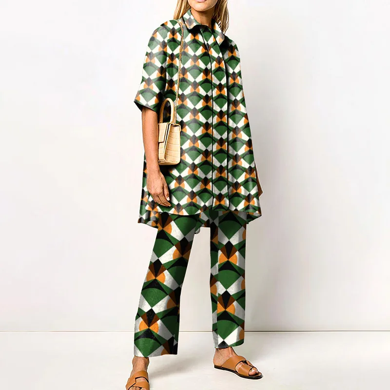 Ladies Streetwear Loose Straight Matching Set Women Elastic Waist Office Pants Suit Vintage Print Turn Down Collar Two Piece Set