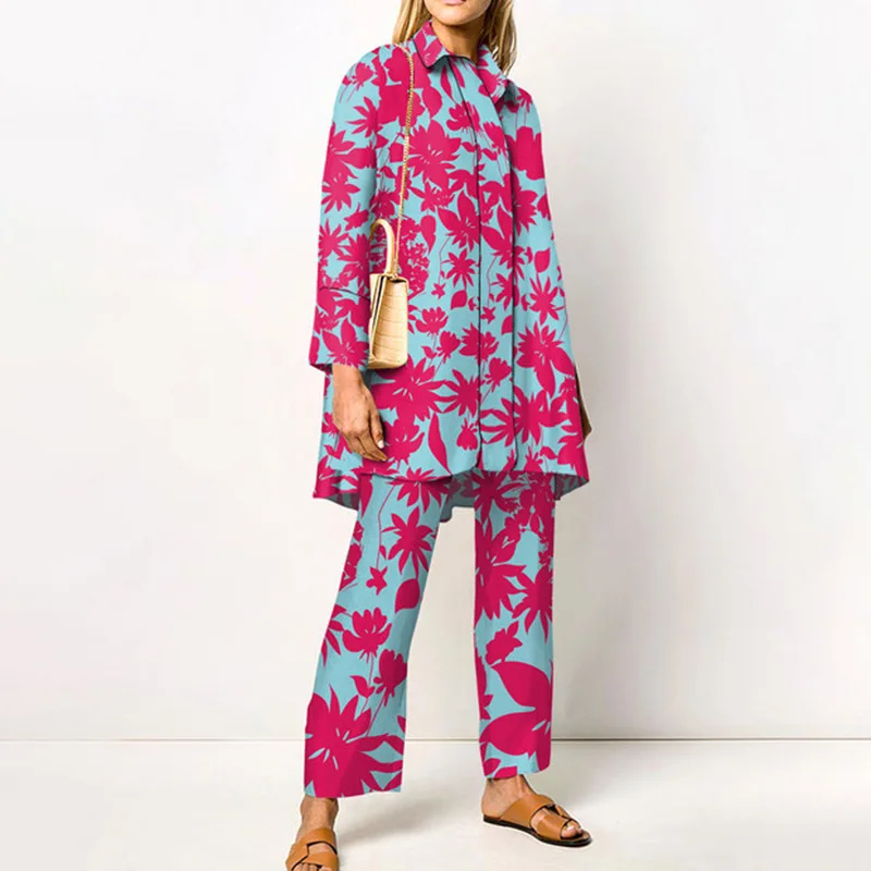 Ladies Streetwear Loose Straight Matching Set Women Elastic Waist Office Pants Suit Vintage Print Turn Down Collar Two Piece Set