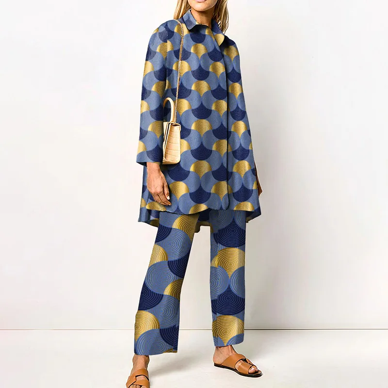 Ladies Streetwear Loose Straight Matching Set Women Elastic Waist Office Pants Suit Vintage Print Turn Down Collar Two Piece Set