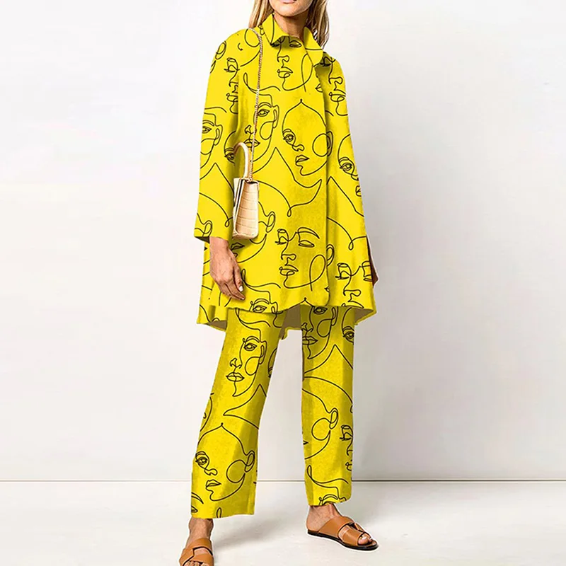 Ladies Streetwear Loose Straight Matching Set Women Elastic Waist Office Pants Suit Vintage Print Turn Down Collar Two Piece Set