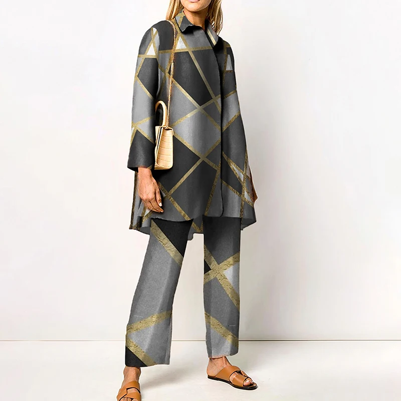 Ladies Streetwear Loose Straight Matching Set Women Elastic Waist Office Pants Suit Vintage Print Turn Down Collar Two Piece Set