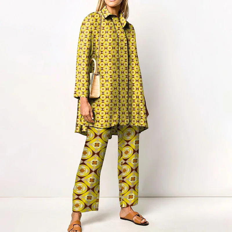 Ladies Streetwear Loose Straight Matching Set Women Elastic Waist Office Pants Suit Vintage Print Turn Down Collar Two Piece Set