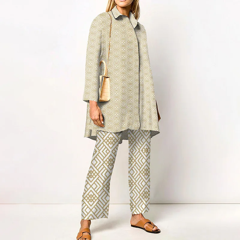 Ladies Streetwear Loose Straight Matching Set Women Elastic Waist Office Pants Suit Vintage Print Turn Down Collar Two Piece Set
