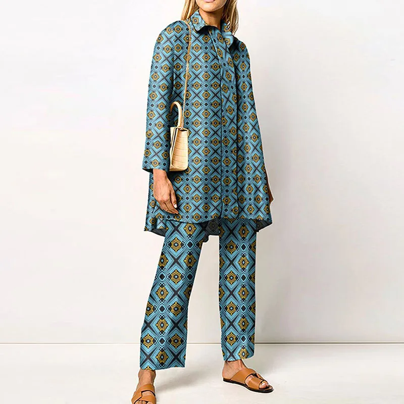 Ladies Streetwear Loose Straight Matching Set Women Elastic Waist Office Pants Suit Vintage Print Turn Down Collar Two Piece Set