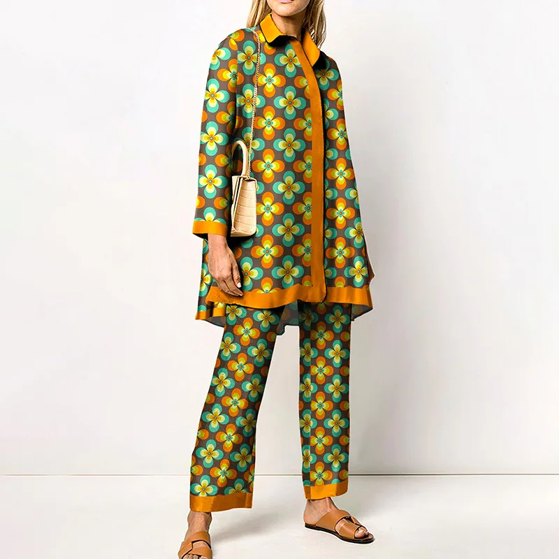 Ladies Streetwear Loose Straight Matching Set Women Elastic Waist Office Pants Suit Vintage Print Turn Down Collar Two Piece Set