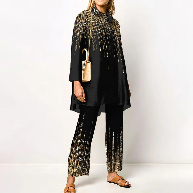 Ladies Streetwear Loose Straight Matching Set Women Elastic Waist Office Pants Suit Vintage Print Turn Down Collar Two Piece Set