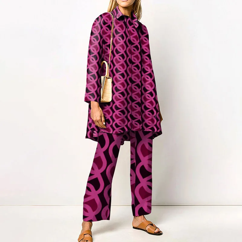 Ladies Streetwear Loose Straight Matching Set Women Elastic Waist Office Pants Suit Vintage Print Turn Down Collar Two Piece Set