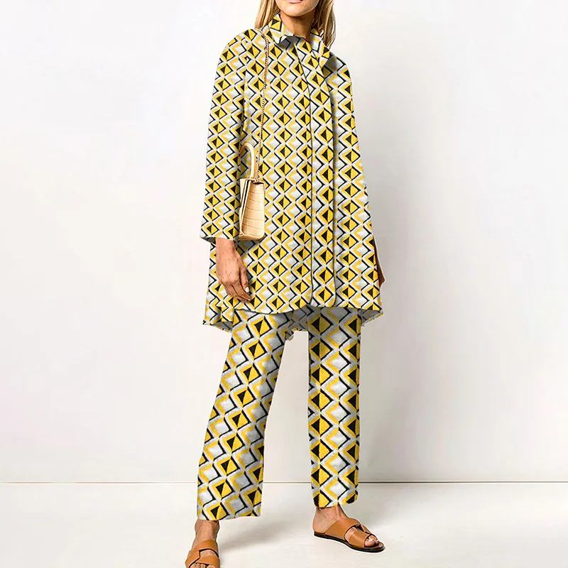 Ladies Streetwear Loose Straight Matching Set Women Elastic Waist Office Pants Suit Vintage Print Turn Down Collar Two Piece Set