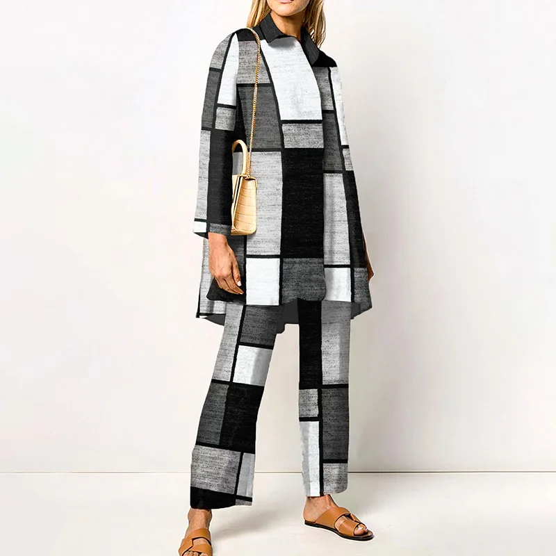 Ladies Streetwear Loose Straight Matching Set Women Elastic Waist Office Pants Suit Vintage Print Turn Down Collar Two Piece Set
