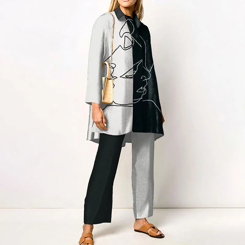 Ladies Streetwear Loose Straight Matching Set Women Elastic Waist Office Pants Suit Vintage Print Turn Down Collar Two Piece Set