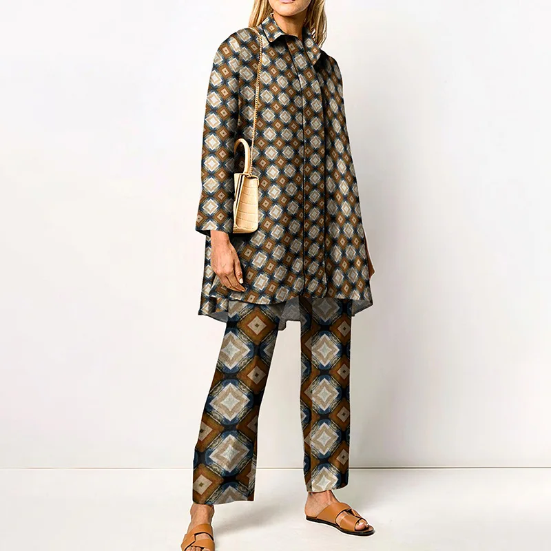 Ladies Streetwear Loose Straight Matching Set Women Elastic Waist Office Pants Suit Vintage Print Turn Down Collar Two Piece Set