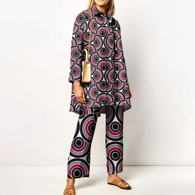 Ladies Streetwear Loose Straight Matching Set Women Elastic Waist Office Pants Suit Vintage Print Turn Down Collar Two Piece Set