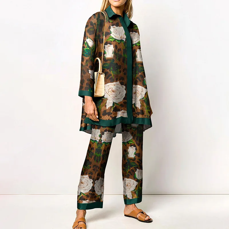 Ladies Streetwear Loose Straight Matching Set Women Elastic Waist Office Pants Suit Vintage Print Turn Down Collar Two Piece Set