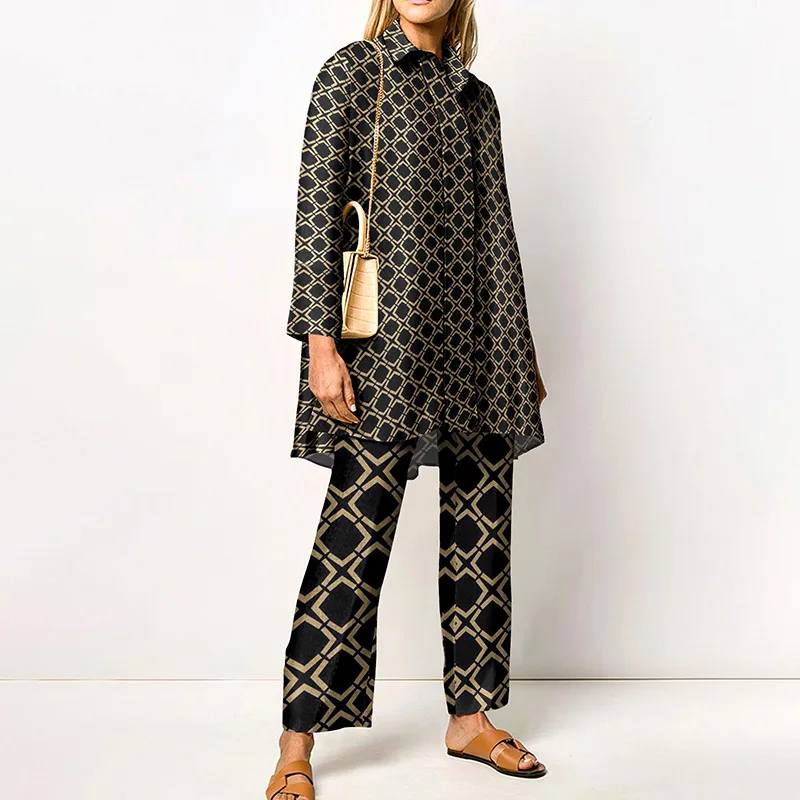 Ladies Streetwear Loose Straight Matching Set Women Elastic Waist Office Pants Suit Vintage Print Turn Down Collar Two Piece Set