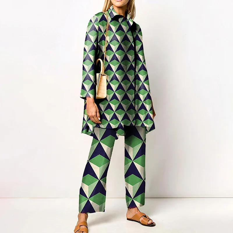 Ladies Streetwear Loose Straight Matching Set Women Elastic Waist Office Pants Suit Vintage Print Turn Down Collar Two Piece Set