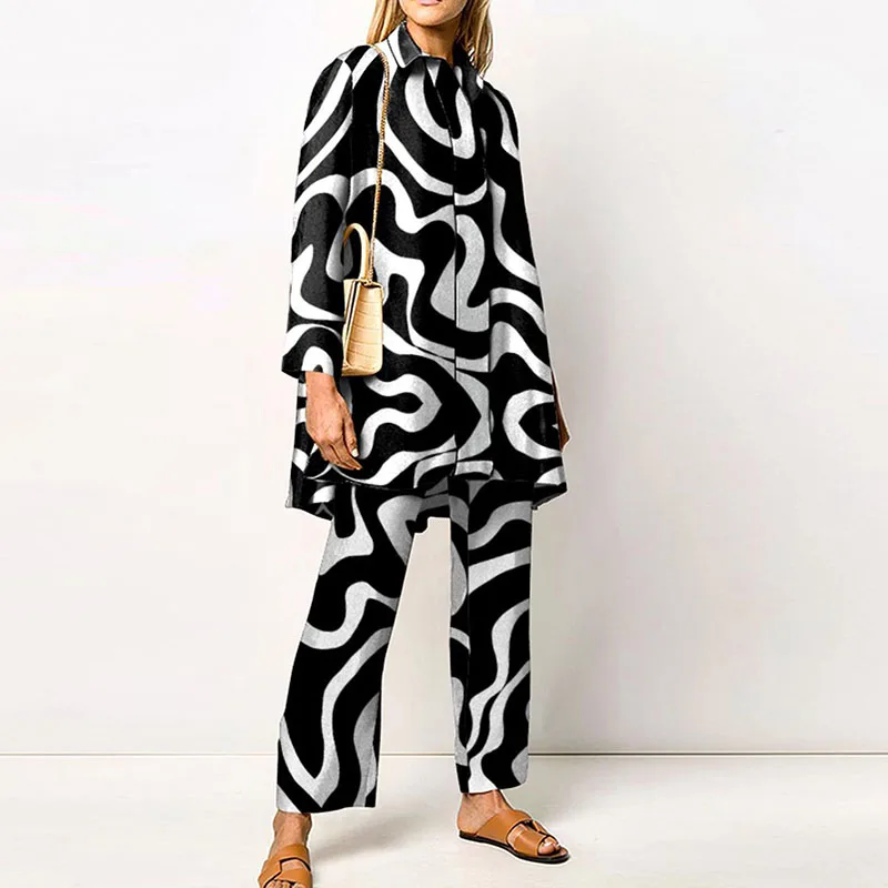 Ladies Streetwear Loose Straight Matching Set Women Elastic Waist Office Pants Suit Vintage Print Turn Down Collar Two Piece Set