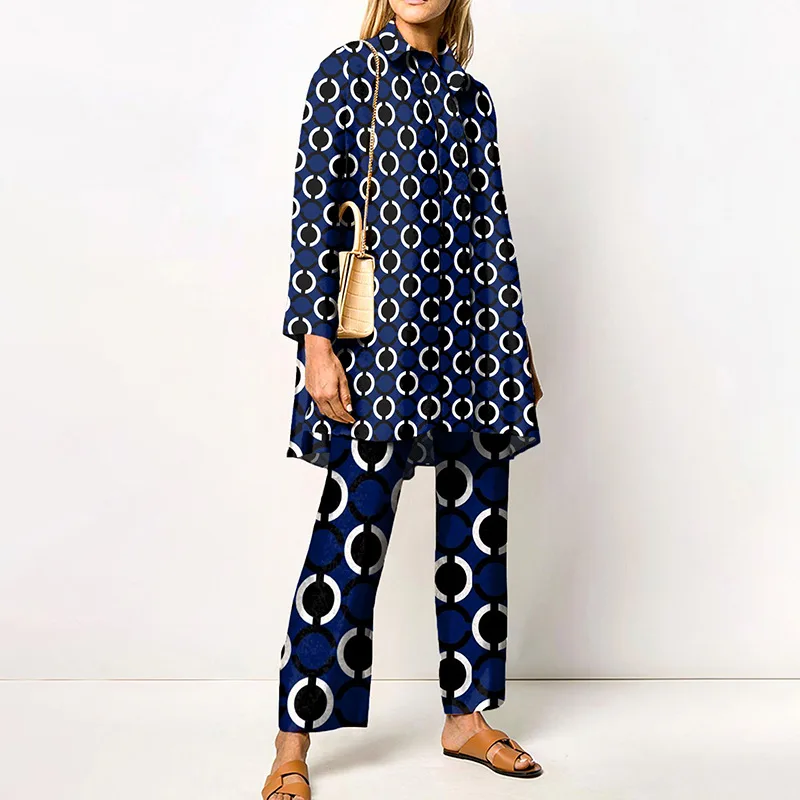 Ladies Streetwear Loose Straight Matching Set Women Elastic Waist Office Pants Suit Vintage Print Turn Down Collar Two Piece Set