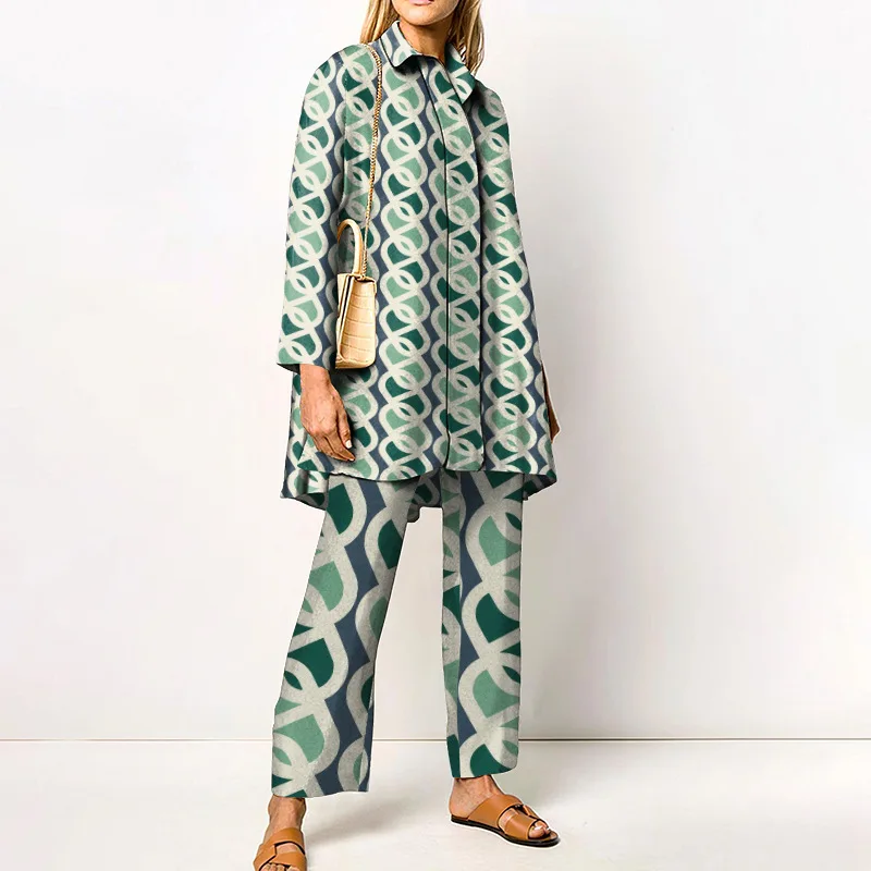 Ladies Streetwear Loose Straight Matching Set Women Elastic Waist Office Pants Suit Vintage Print Turn Down Collar Two Piece Set