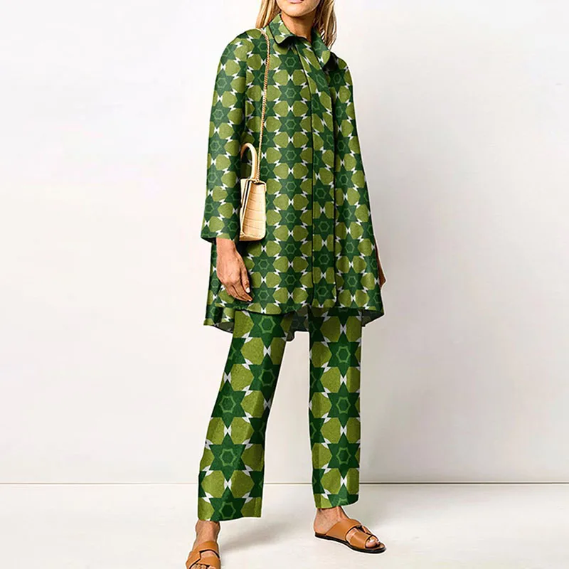 Ladies Streetwear Loose Straight Matching Set Women Elastic Waist Office Pants Suit Vintage Print Turn Down Collar Two Piece Set