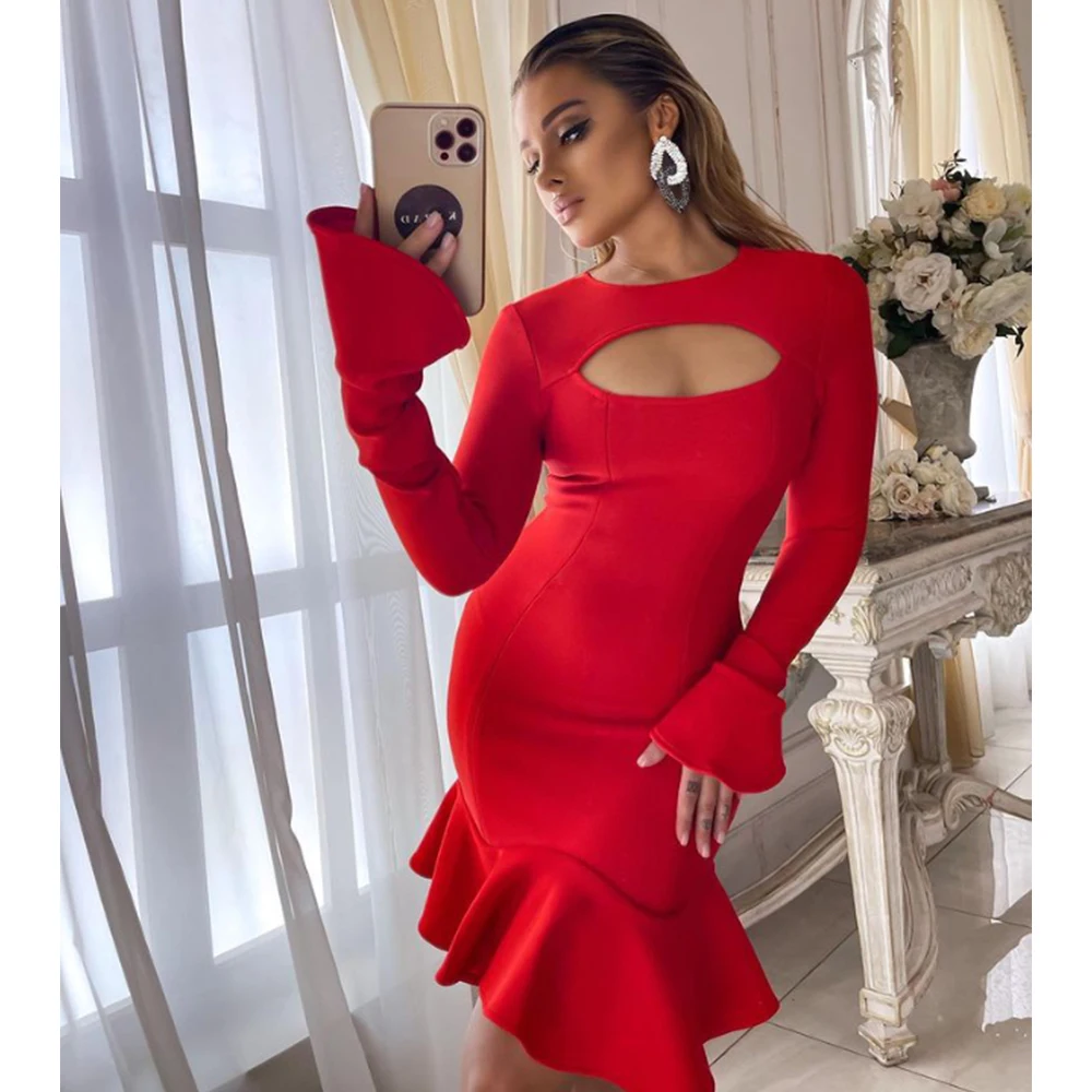 Women's Ruffles Bandage Dress Long Flare Sleeve Hollow Out Bodycon White Black Mini Sexy Elegant Nightclub Evening Party Dresses