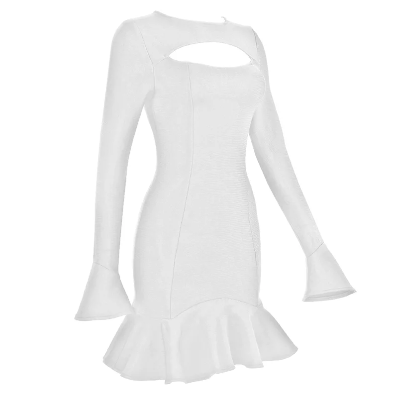 Women's Ruffles Bandage Dress Long Flare Sleeve Hollow Out Bodycon White Black Mini Sexy Elegant Nightclub Evening Party Dresses