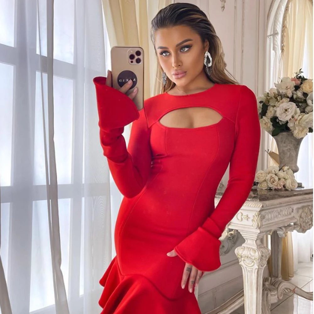 Women's Ruffles Bandage Dress Long Flare Sleeve Hollow Out Bodycon White Black Mini Sexy Elegant Nightclub Evening Party Dresses