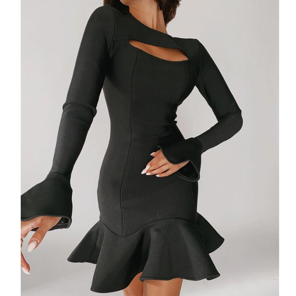 Women's Ruffles Bandage Dress Long Flare Sleeve Hollow Out Bodycon White Black Mini Sexy Elegant Nightclub Evening Party Dresses