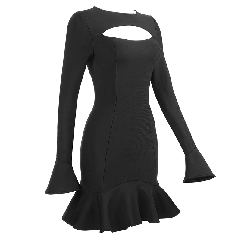 Women's Ruffles Bandage Dress Long Flare Sleeve Hollow Out Bodycon White Black Mini Sexy Elegant Nightclub Evening Party Dresses