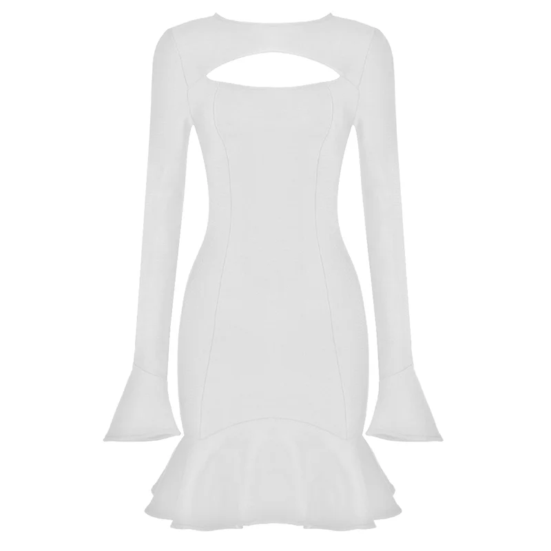 Women's Ruffles Bandage Dress Long Flare Sleeve Hollow Out Bodycon White Black Mini Sexy Elegant Nightclub Evening Party Dresses