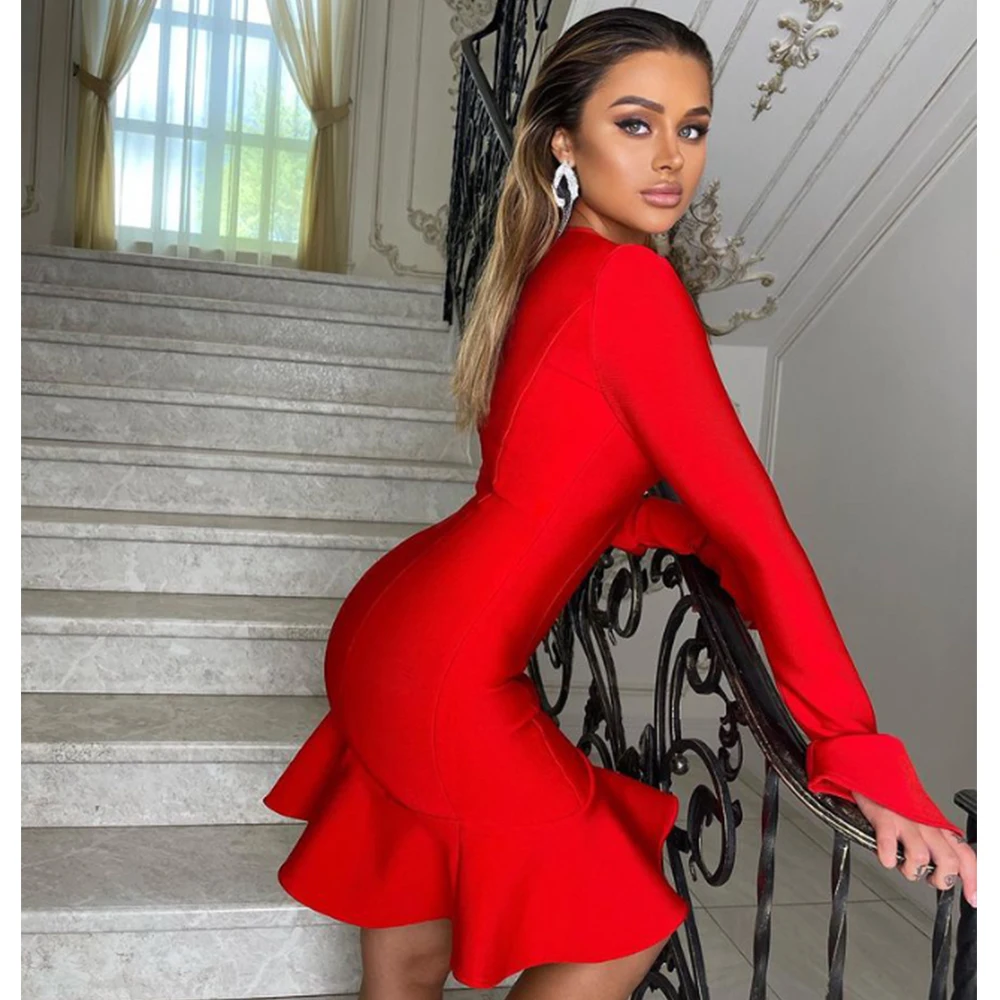 Women's Ruffles Bandage Dress Long Flare Sleeve Hollow Out Bodycon White Black Mini Sexy Elegant Nightclub Evening Party Dresses