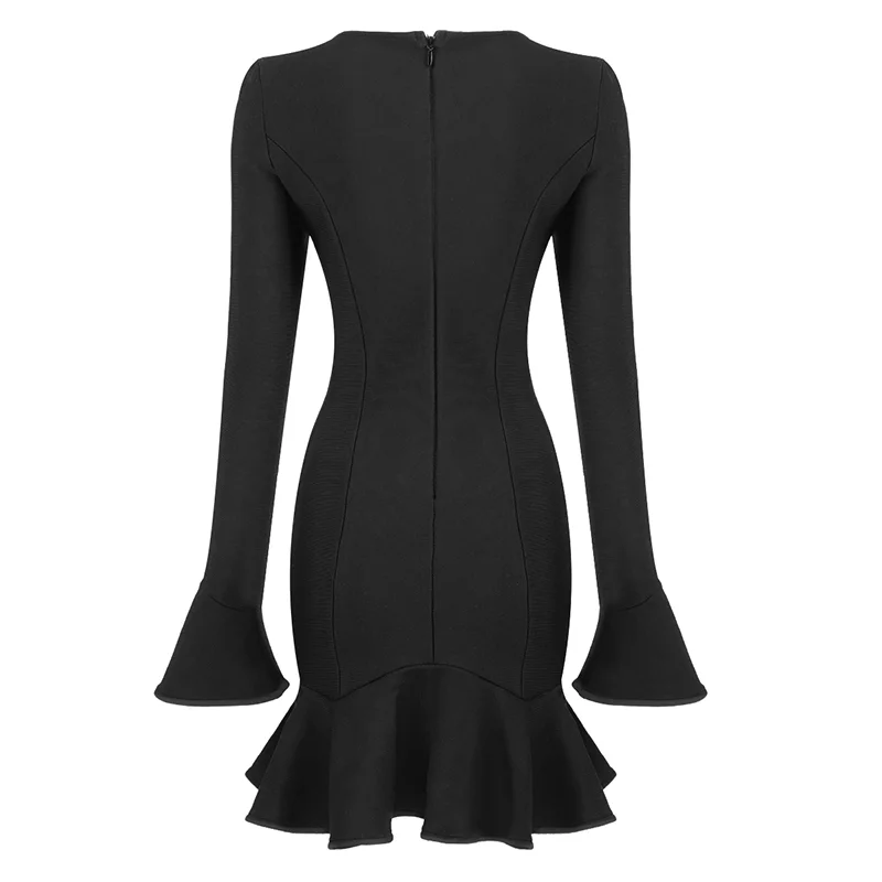 Women's Ruffles Bandage Dress Long Flare Sleeve Hollow Out Bodycon White Black Mini Sexy Elegant Nightclub Evening Party Dresses