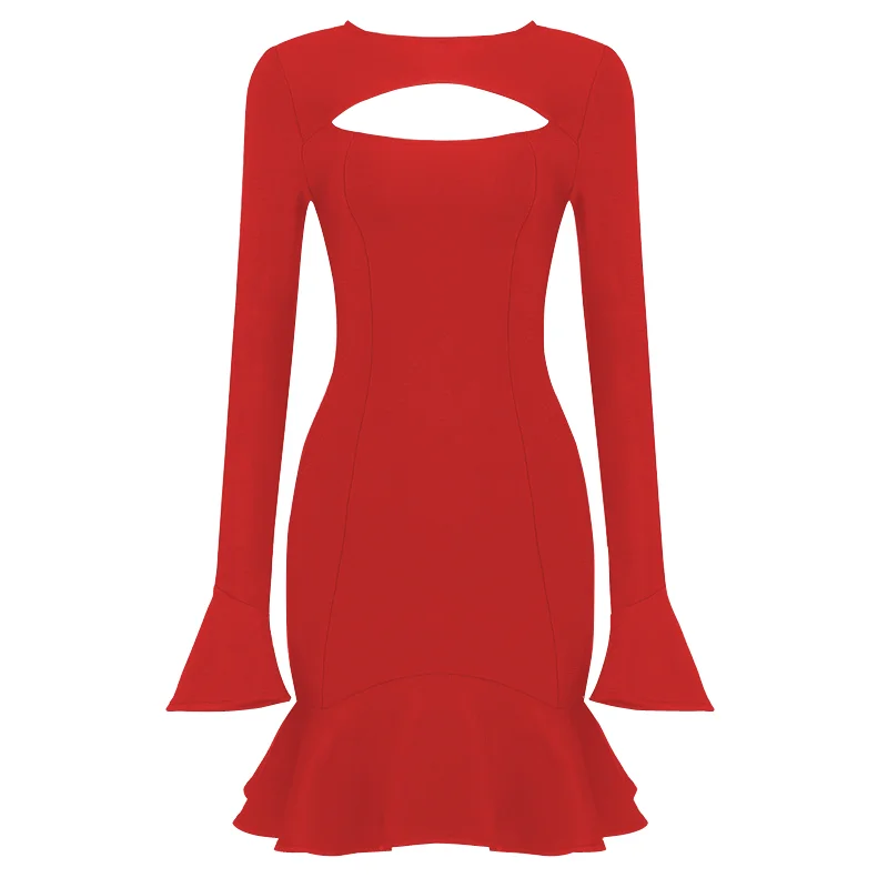 Women's Ruffles Bandage Dress Long Flare Sleeve Hollow Out Bodycon White Black Mini Sexy Elegant Nightclub Evening Party Dresses