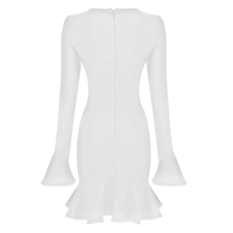 Women's Ruffles Bandage Dress Long Flare Sleeve Hollow Out Bodycon White Black Mini Sexy Elegant Nightclub Evening Party Dresses