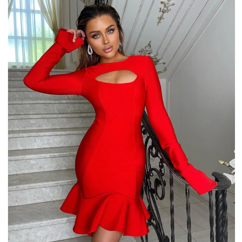 Women's Ruffles Bandage Dress Long Flare Sleeve Hollow Out Bodycon White Black Mini Sexy Elegant Nightclub Evening Party Dresses