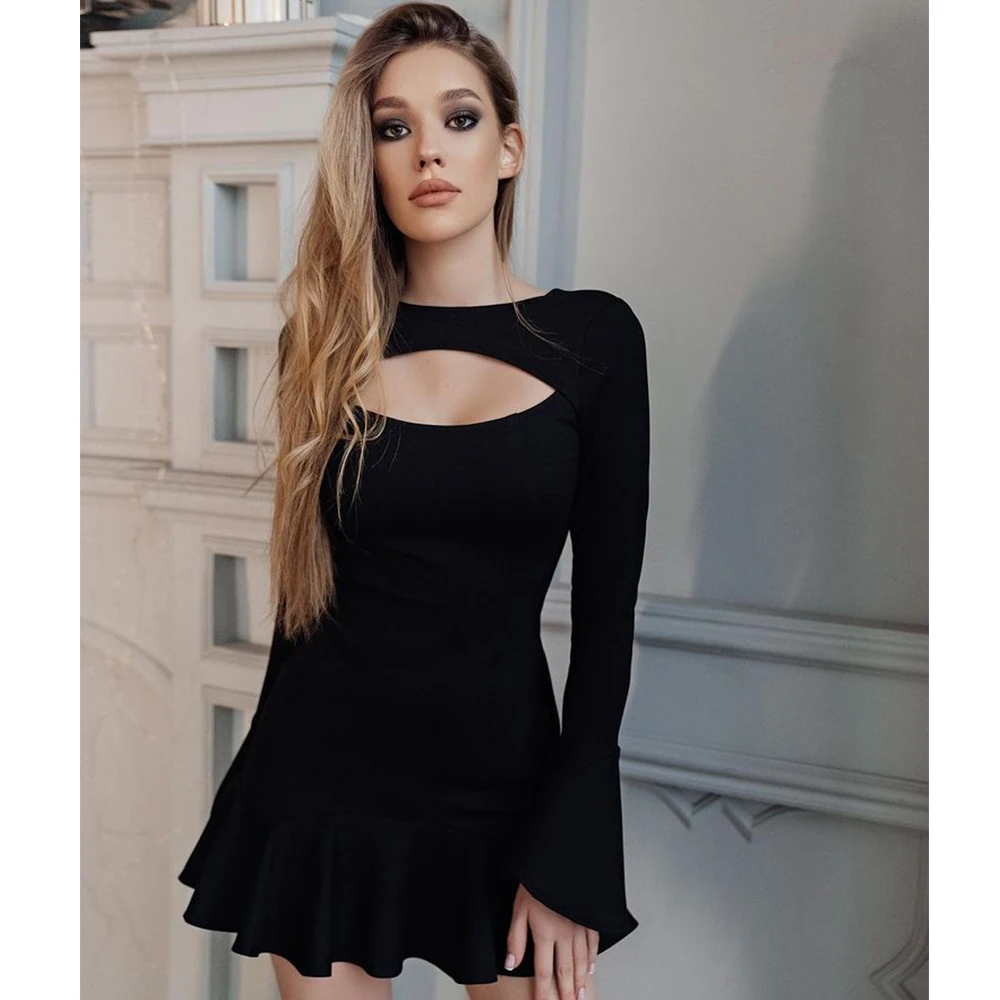 Women's Ruffles Bandage Dress Long Flare Sleeve Hollow Out Bodycon White Black Mini Sexy Elegant Nightclub Evening Party Dresses