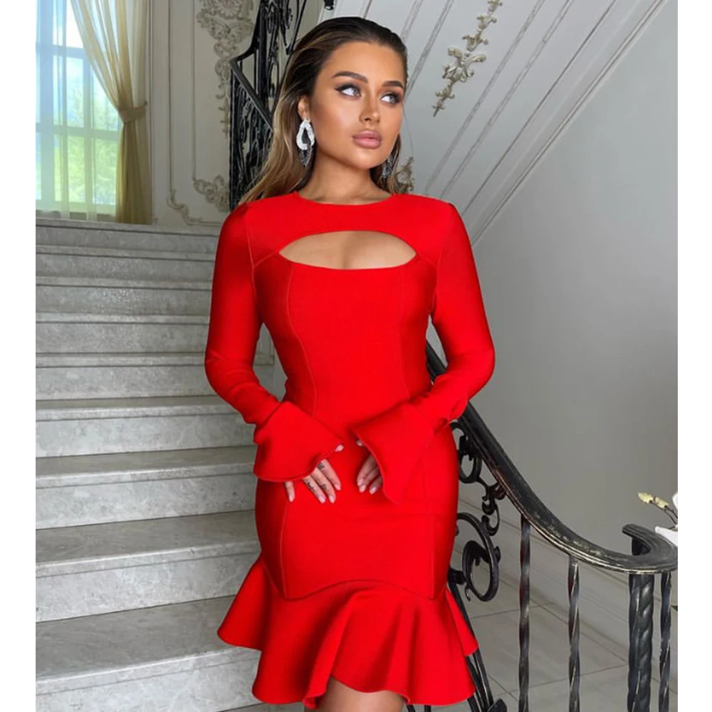 Women's Ruffles Bandage Dress Long Flare Sleeve Hollow Out Bodycon White Black Mini Sexy Elegant Nightclub Evening Party Dresses