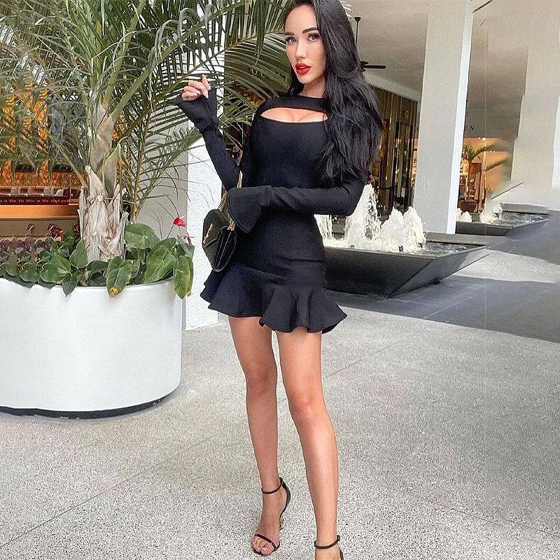 Women's Ruffles Bandage Dress Long Flare Sleeve Hollow Out Bodycon White Black Mini Sexy Elegant Nightclub Evening Party Dresses