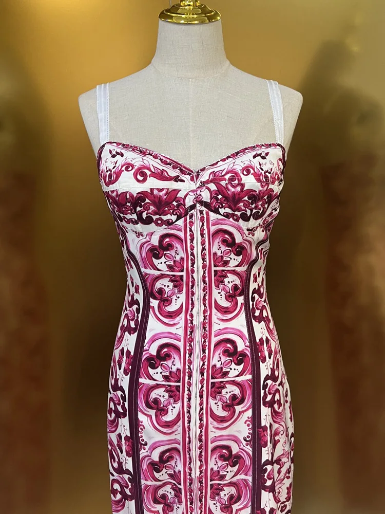 Summer Silk Bustier Midi Dress Women's Elegant Spaghetti Strap Porcelain Print Beach Party Sexy Bodycon Vacation Evening Dress