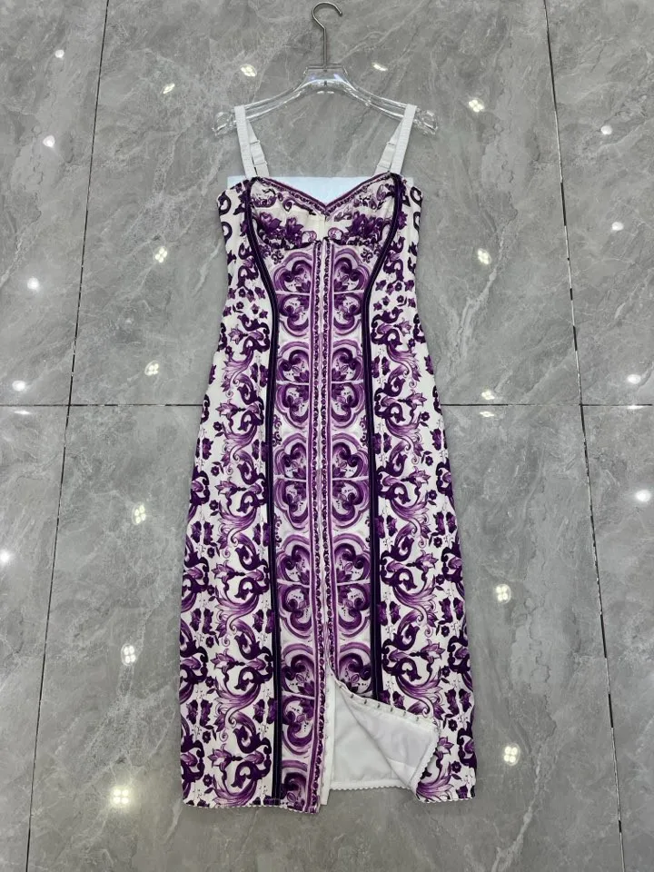 Summer Silk Bustier Midi Dress Women's Elegant Spaghetti Strap Porcelain Print Beach Party Sexy Bodycon Vacation Evening Dress